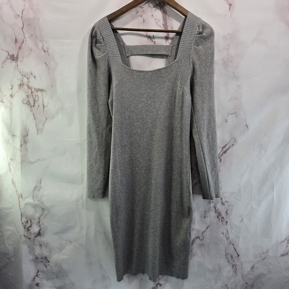 Anthropologie Sweater Dress Womens Large Gray Puff Pleated Ribbed Cut Out Viola